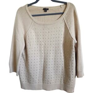 Ann Taylor Women's L Tan Gold Studded‎ Knit Sweater Wool Cashmere Blend Crew